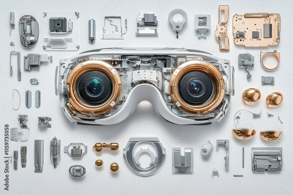 Poster exploded view of a virtual reality headset showcasing its intricate internal components and mechanis