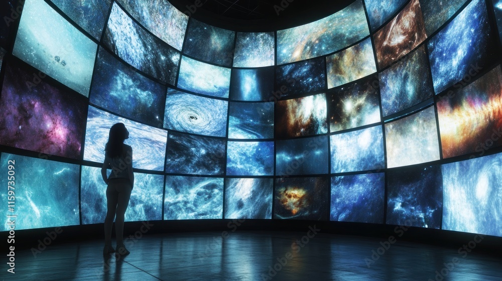 Sticker a woman stands in a dark room surrounded by screens displaying images of outer space, surrounded by 