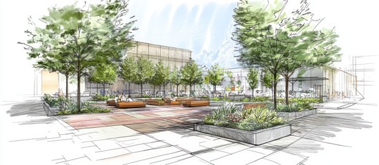 An urban plaza with trees, benches, and flowers in a sketch style.