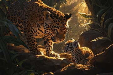 Young jaguar cub play with mother in jungle clearing
