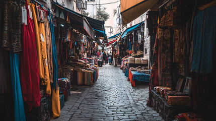 A market set up along a winding cobblestone street, with each vendors stall decorated in different shades of bright fabrics, and the scent of fresh food filling the air. 