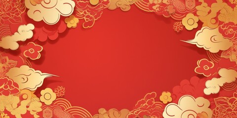 Red background with golden auspicious clouds and circles on the right side, featuring traditional Chinese New Year patterns.