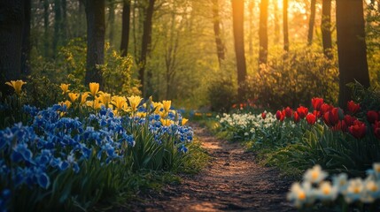 Obraz premium Sunlit path through a spring forest with colorful tulips and irises.