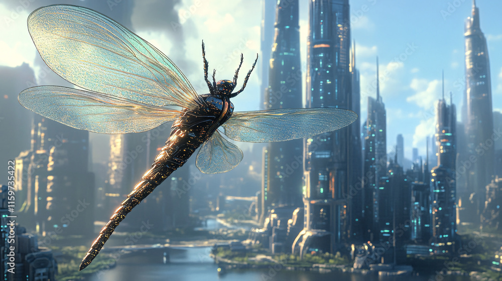 Poster a massive dragonfly with translucent wings hovering over a futuristic city, reflecting the delicate 