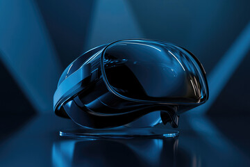 Sleek, futuristic VR headset, poised on a reflective surface, bathed in dramatic blue light.