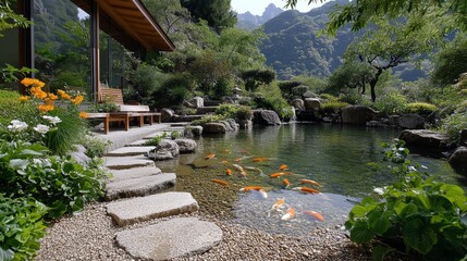 Fototapeta premium Serenity of Koi Pond Waterfall