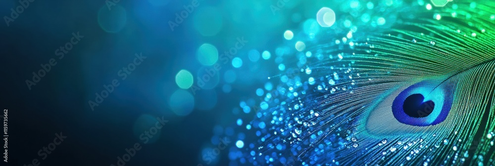 Poster Close up view of a peacock feather adorned with dew drops, showcasing vibrant colors and intricate patterns. Generative AI
