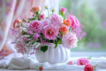 A bouquet of flowers in a white vase.