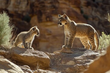 Fototapeta premium Playful mountain lion cub bonds with mother in rocky canyon