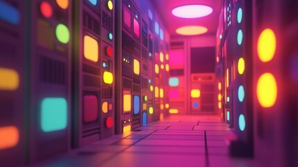 Colorful Server Room with Animated Tech Elements