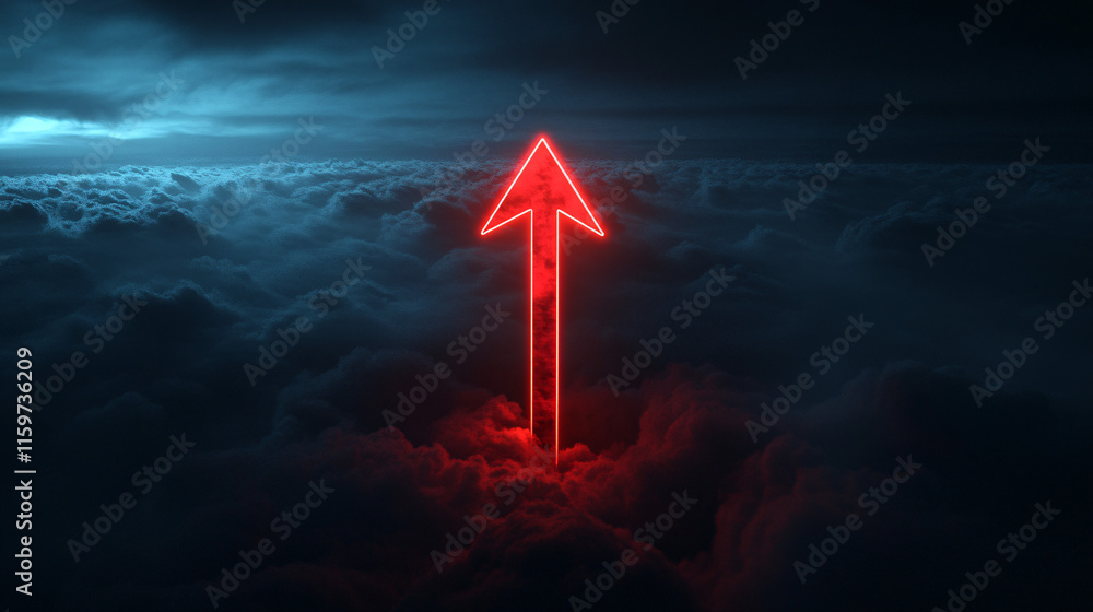 Poster a massive red arrow illuminated against a dark skyline, as it crashes through a layer of digital clo