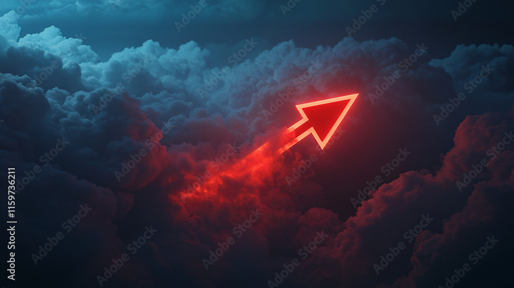 Poster a massive red arrow illuminated against a dark skyline, as it crashes through a layer of digital clo