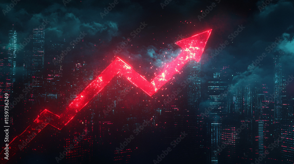 Poster a massive red arrow illuminated against a dark skyline, as it crashes through a layer of digital clo