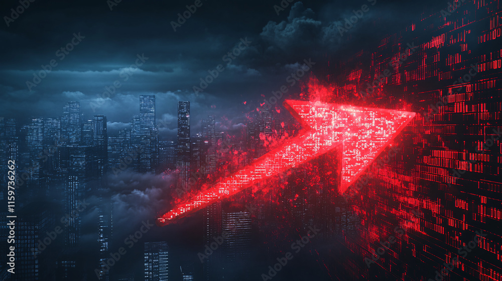 Poster a massive red arrow illuminated against a dark skyline, as it crashes through a layer of digital clo
