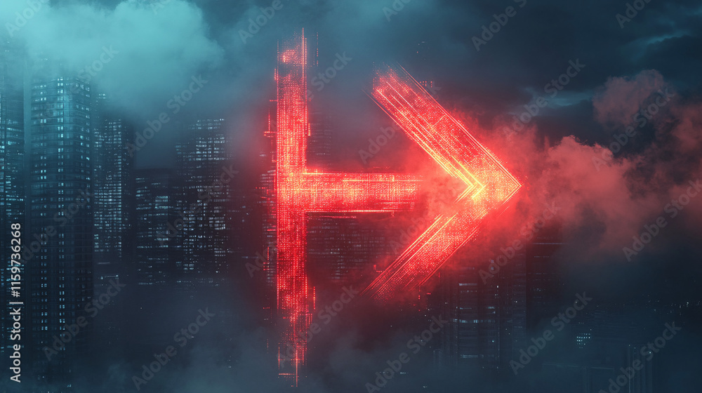 Aufkleber a massive red arrow illuminated against a dark skyline, as it crashes through a layer of digital clo