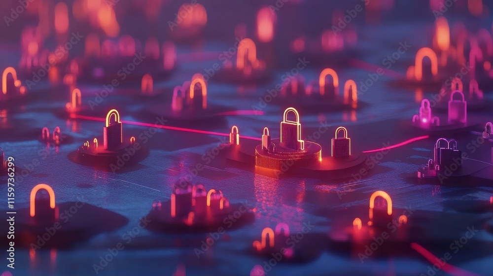 Poster cyber security grid with animated locks and light effects