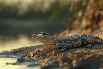 Fototapeta premium Sunlit Nile crocodile on riverbank with warm tones and smooth scales