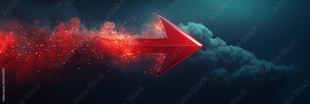Poster a massive red arrow illuminated against a dark skyline, as it crashes through a layer of digital clo