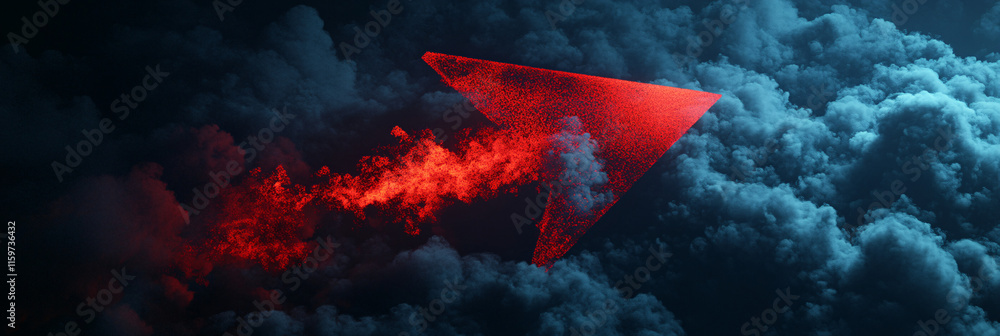 Poster a massive red arrow illuminated against a dark skyline, as it crashes through a layer of digital clo