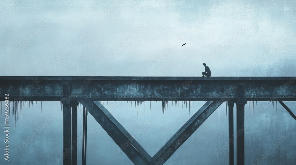 Aufkleber A lone figure reflects on a foggy bridge surrounded by an atmosphere of isolation and silence during twilight. Generative AI