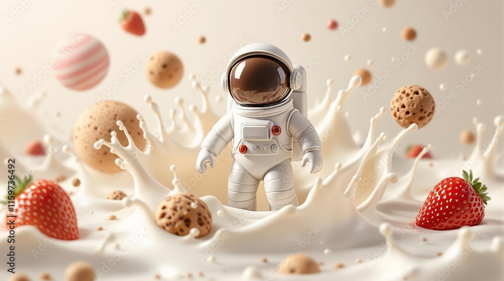 Poster astronaut navigating milk splash with floating strawberries and cookies