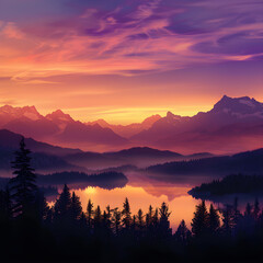 Mesmerizing Mountain Sunset Over Tranquil Lake Surrounded by Pine Trees