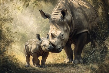 Fototapeta premium Rhinoceros calf bonds with mother in serene grassland scene