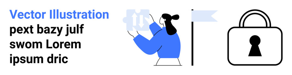 Person in blue holding a gear, next to a flag and padlock. Ideal for security, optimization, process management, technology, data protection, cybersecurity control systems. Landing page