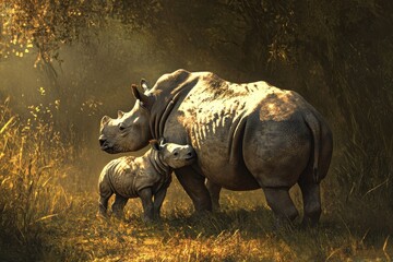 Fototapeta premium Rhinoceros calf bonds with mother in serene grassland scene