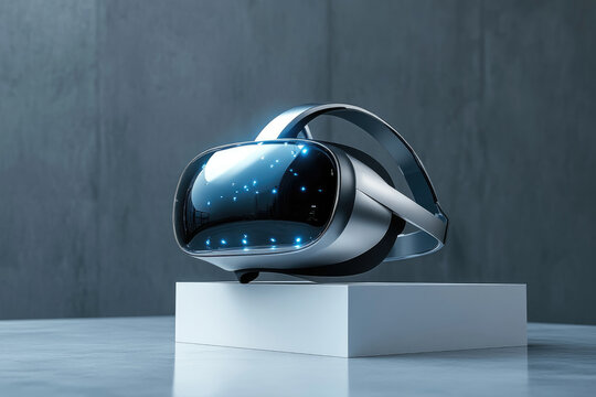 Sleek silver VR headset with glowing blue lights, poised on a white cube against a grey background.