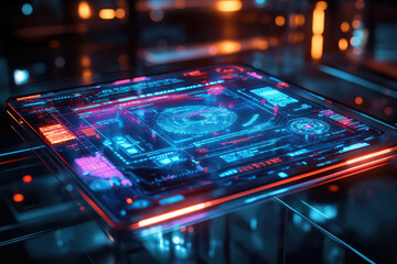 Futuristic digital interface with glowing neon blue and red HUD displays data streams and graphs.