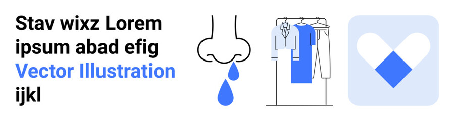 Text block with blue-highlighted Vector Illustration. Dripping nose icon, clothing on hangers, blue and white geometric heart symbol in a square. Ideal for concepts in advertising, health, fashion