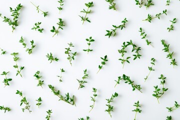 Isolated fresh thyme on a white surface overhead shot Flat lay