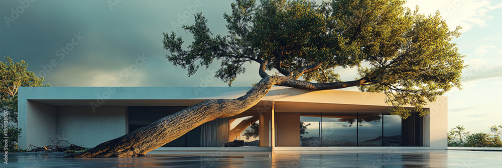 Poster a massive uprooted tree resting on the roof of a modern house, with storm damage visible all around,