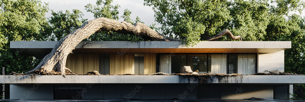 Poster a massive uprooted tree resting on the roof of a modern house, with storm damage visible all around,