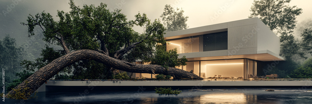 Poster a massive uprooted tree resting on the roof of a modern house, with storm damage visible all around,