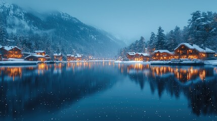 Fototapeta premium A serene winter scene featuring cozy cabins by a snowy lake at dusk.