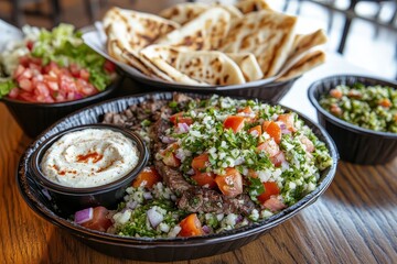 Mediterranean cuisine featuring a gyro platter pita dips and tabbouleh