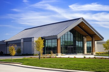Metal roof on commercial building under blue sky