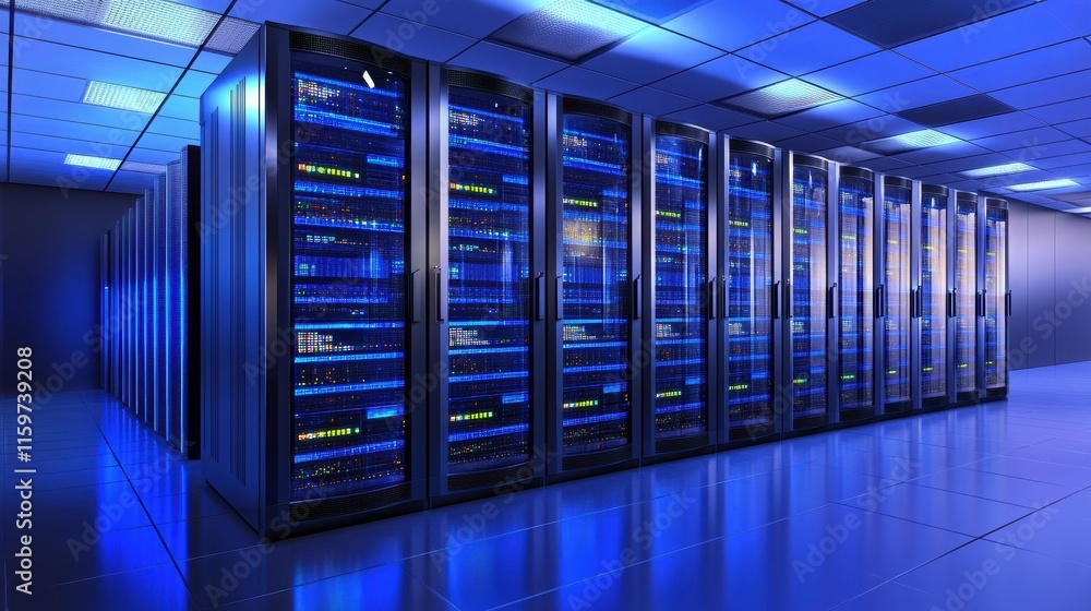 Poster digital server room with blueprint visuals and soft light