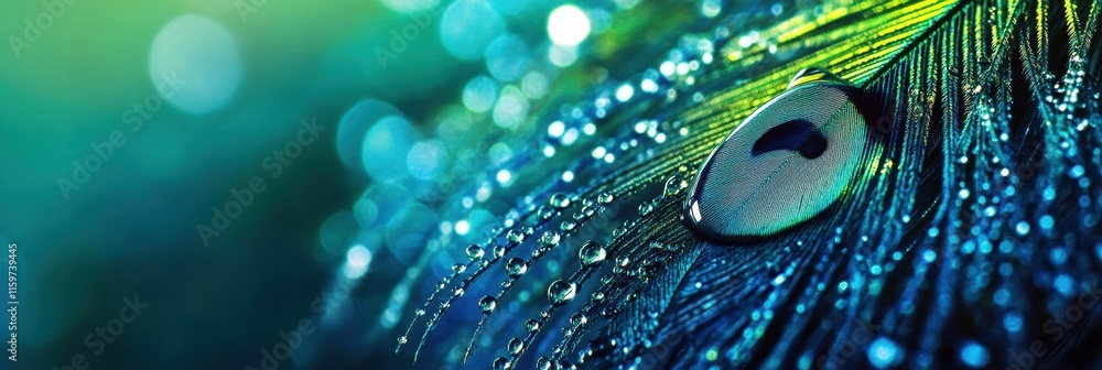 Aufkleber close up view of a peacock feather adorned with delicate dew drops on a vibrant background. generati