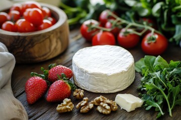 Mixed greens with goat cheese strawberries walnuts and cherry tomatoes on a wooden table