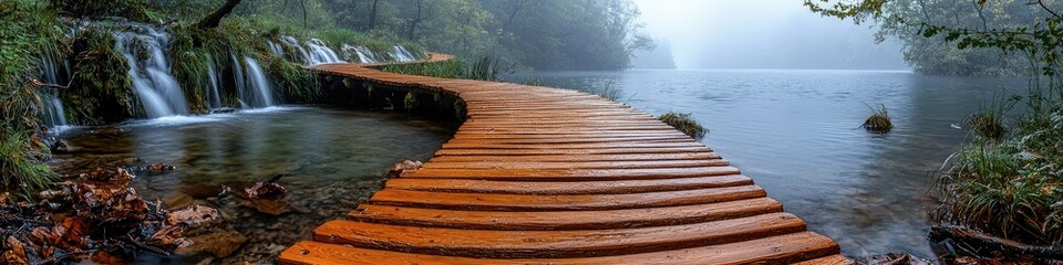 Fototapeta premium A serene wooden pathway leads through misty nature, beside tranquil waters and gentle waterfalls.