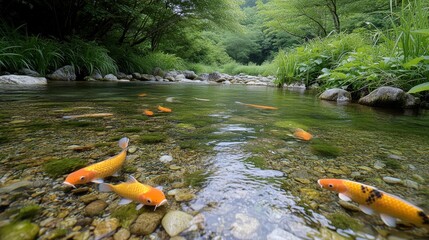 Koi Swim in Tranquil Stream