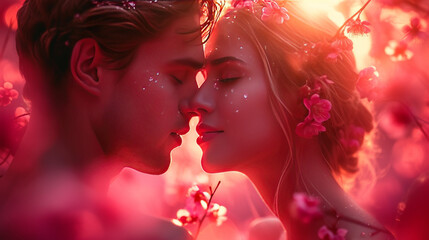 Fototapeta premium A man and woman are kissing in a field of pink flowers