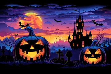 Halloween night filled with glowing jack-o'-lanterns and a spooky castle under a full moon