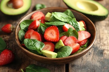 New summer salad featuring strawberries avocado and spinach on a rustic wood backdrop Blurred focus