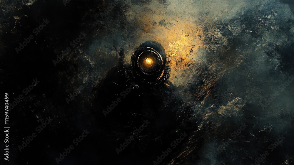 Poster a lone astronaut in a dark and dusty cave with a glowing light emanating from his helmet, creating a