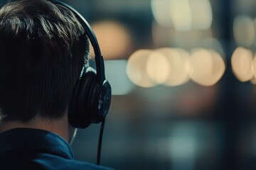 Office based hotline operator wearing a headset area for text