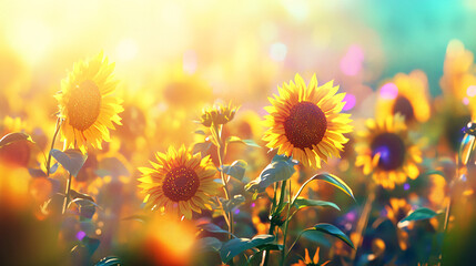 Obraz premium A music festival in a sunflower field, with vibrant colors from the stage lights mixing with the golden yellow of the flowers, creating an ethereal atmosphere. 